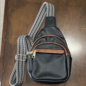 Black and Brown Crossbody Bag with Patterned Strap